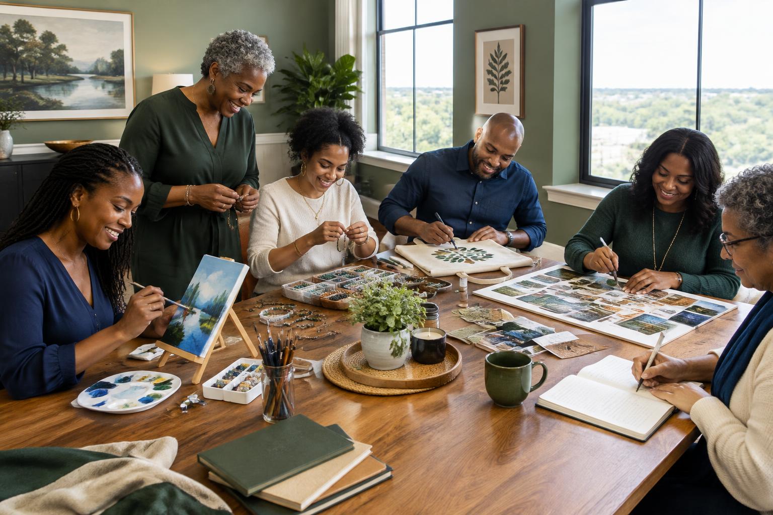 Illustrative scene of diverse adults enjoying different creative projects together